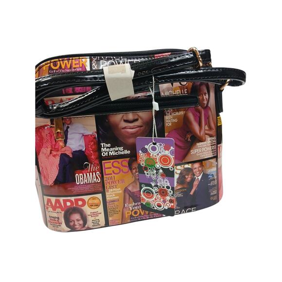 Crossbody Michelle Obama Shoulder Bag Hologram Magazine Print New Tassel Zipper - Picture 3 of 4